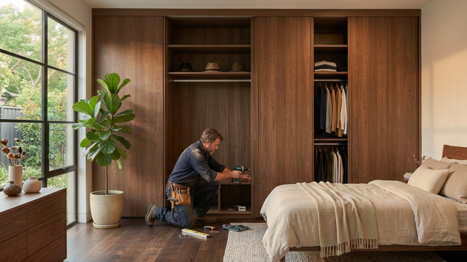 Skilled wardrobe maker in Melbourne crafting custom built-in cabinetry in a workshop