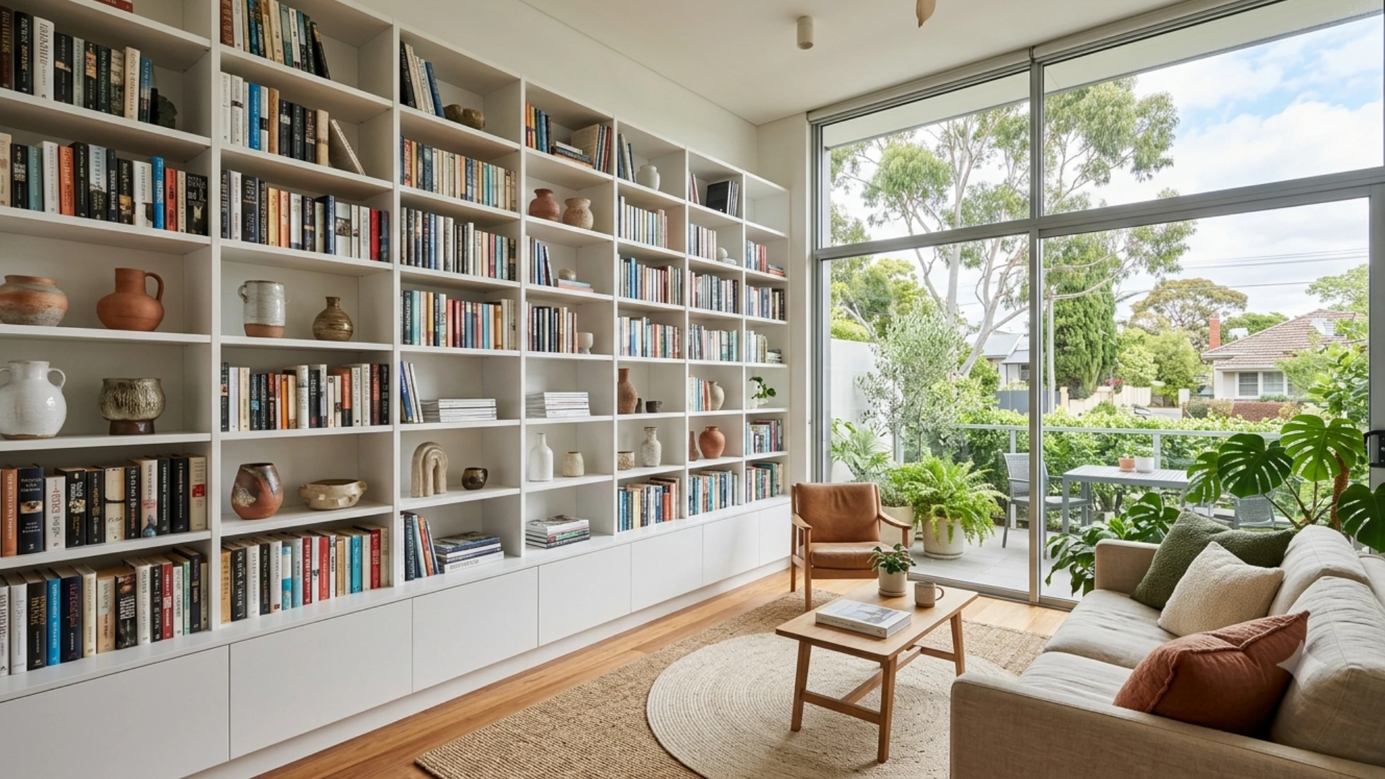 floor to ceiling built in bookshelves