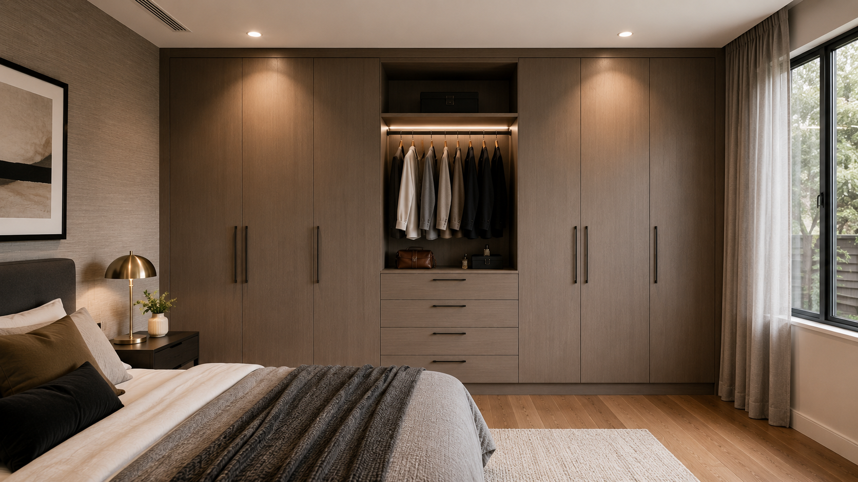 Custom built-in wardrobe with sliding doors and shelving in a Melbourne master bedroom