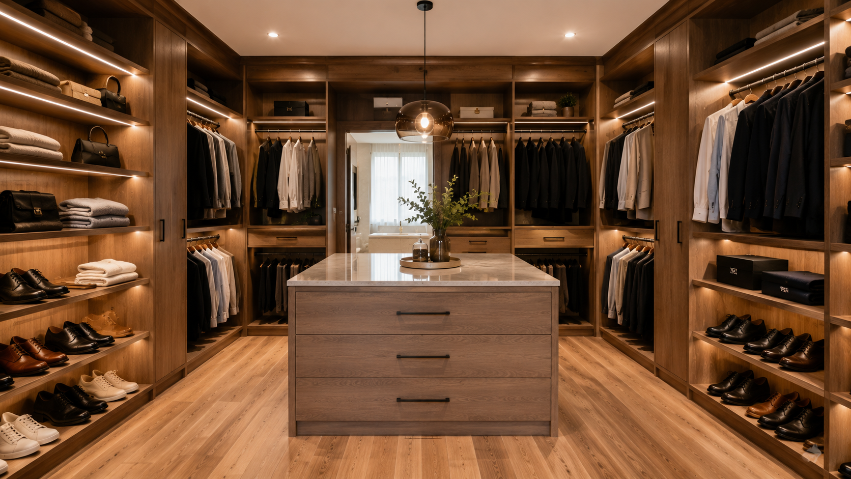 Walk In Wardrobe Design Ideas | Layouts & Trends 2026 walk-in wardrobe design with island bench and LED lighting