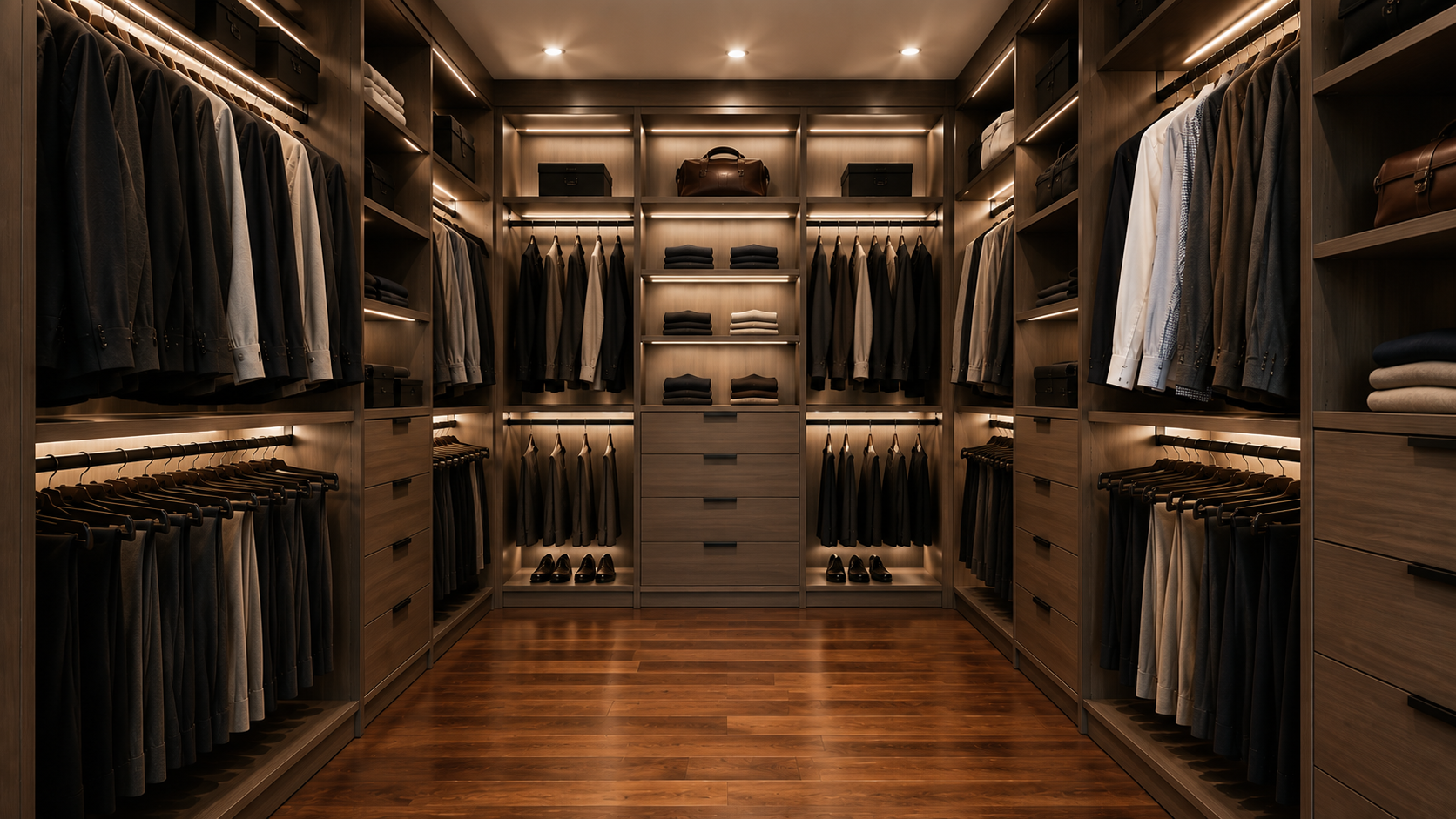 Custom walk-in wardrobe with shelving, soft LED lighting, and built-in drawer in a Melbourne home.