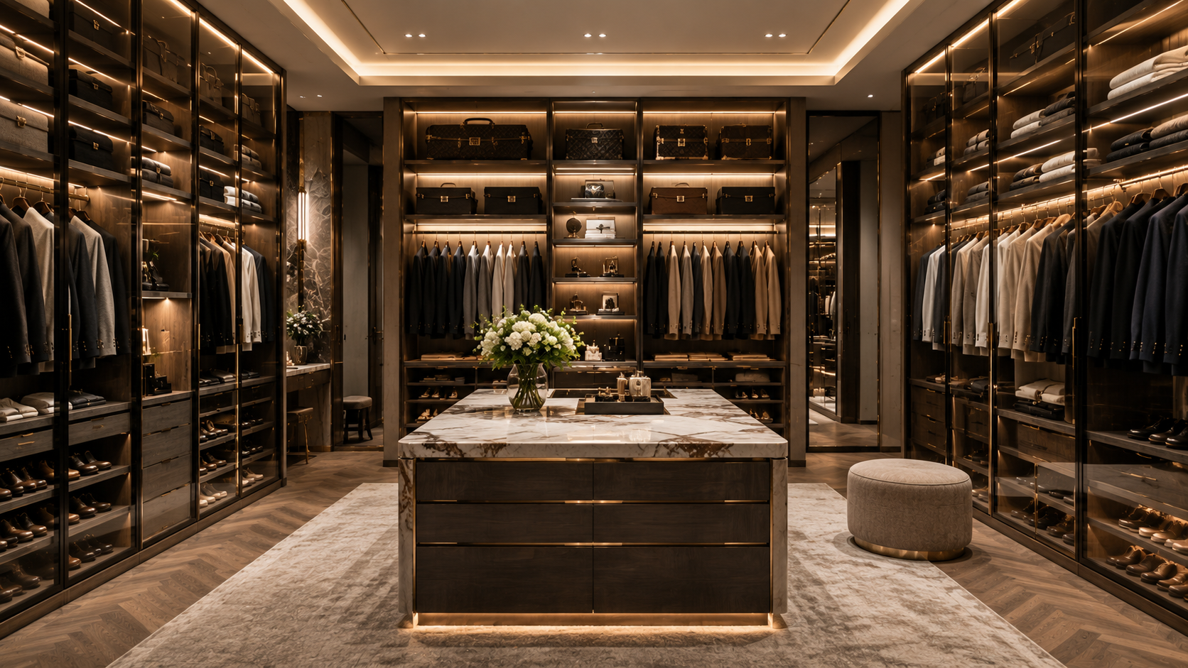 Luxury Walk-In Wardrobe Design – Custom Storage & Lighting Luxury walk-in wardrobe with custom cabinetry, marble island, and LED lighting in modern master suite