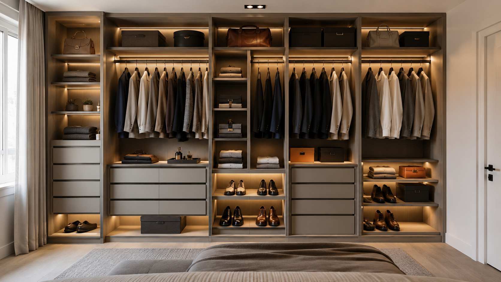 Custom wardrobe design with floor-to-ceiling shelving, pull-out drawers, and integrated lighting tailored to a modern bedroom