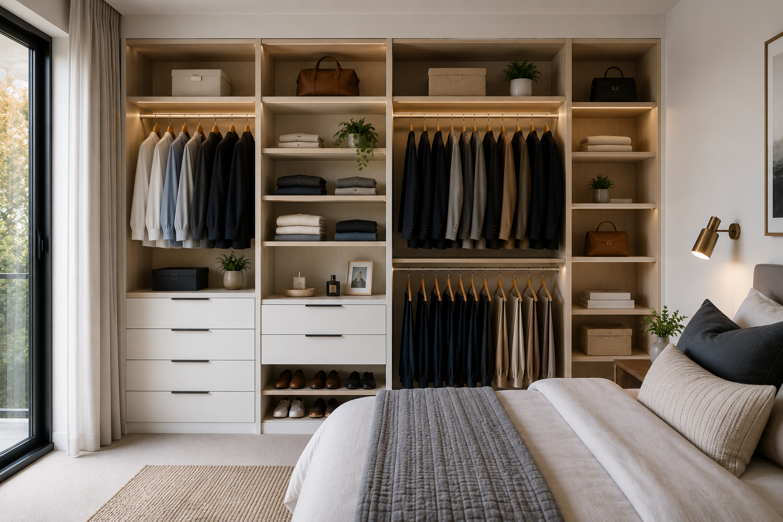 Wardrobe Internals Guide – Storage Planning & Organization Wardrobe internals showing adjustable shelving, pull-out drawers, and hanging rails organized for efficient storage