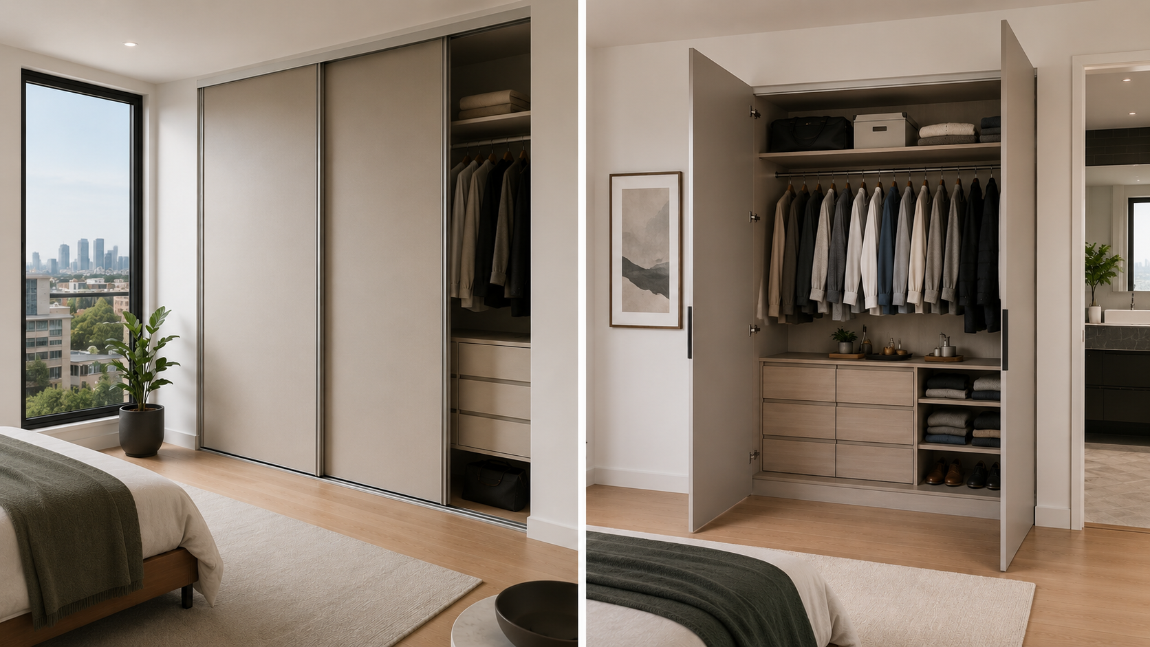 Sliding Wardrobe Doors vs Hinged Wardrobe Doors – Melbourne Home Guide Sliding wardrobe doors vs hinged wardrobe doors comparison in a modern Melbourne bedroom showing space-saving design