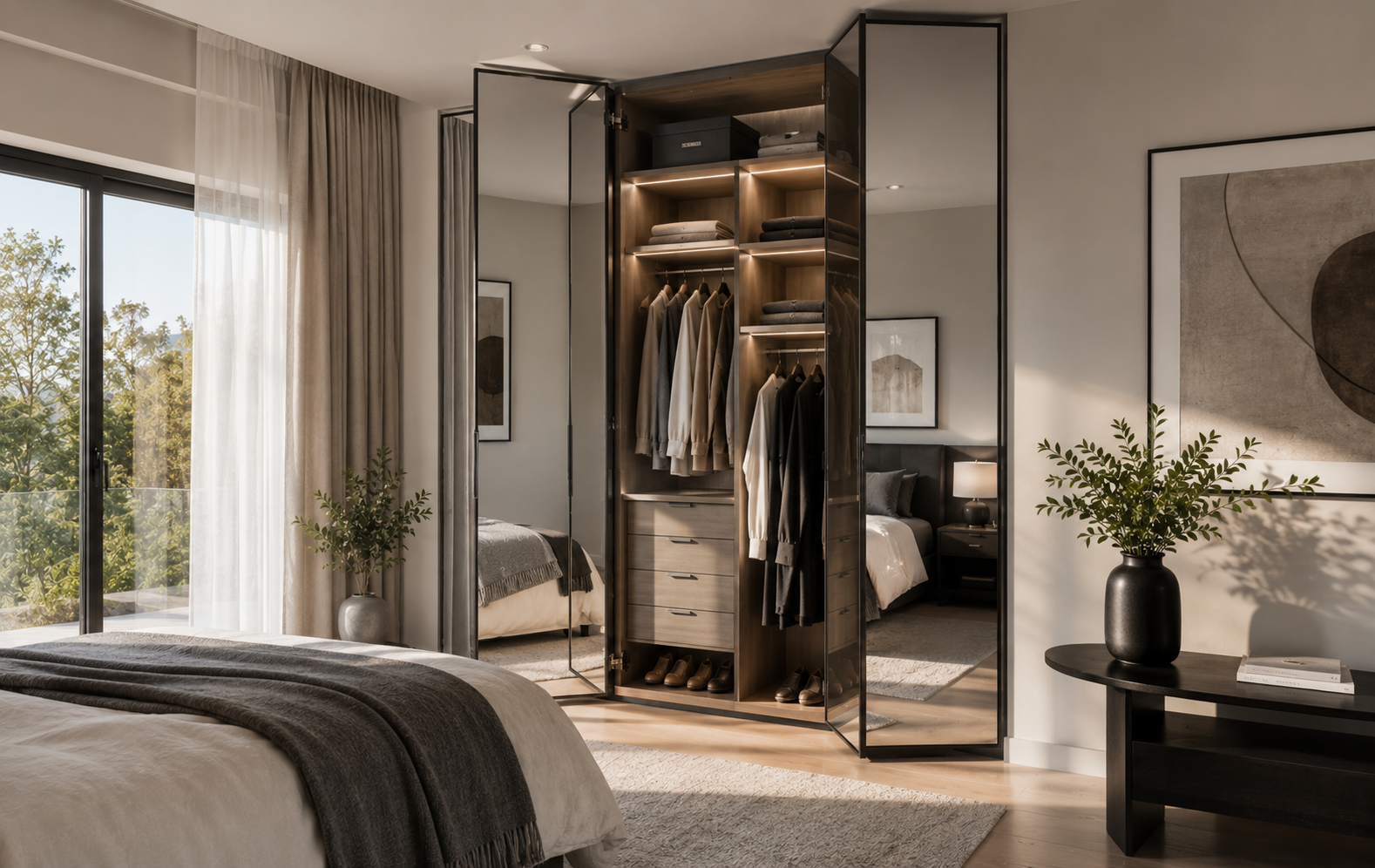 Hinged mirrored wardrobe doors with full-length reflective panels and sleek handles in a modern bedroom