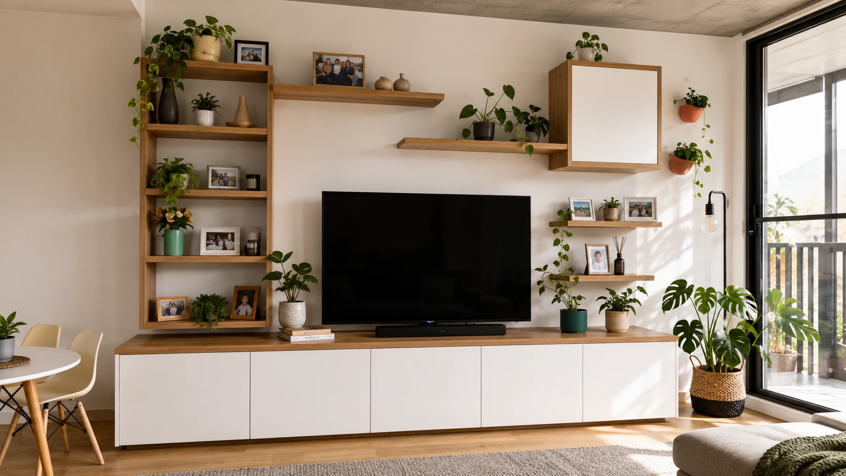 floating-storage-wall-shelf-units.jpg Minimalist wooden wall shelf units holding books and small potted plants, demonstrating floating storage installation on a living room wall.