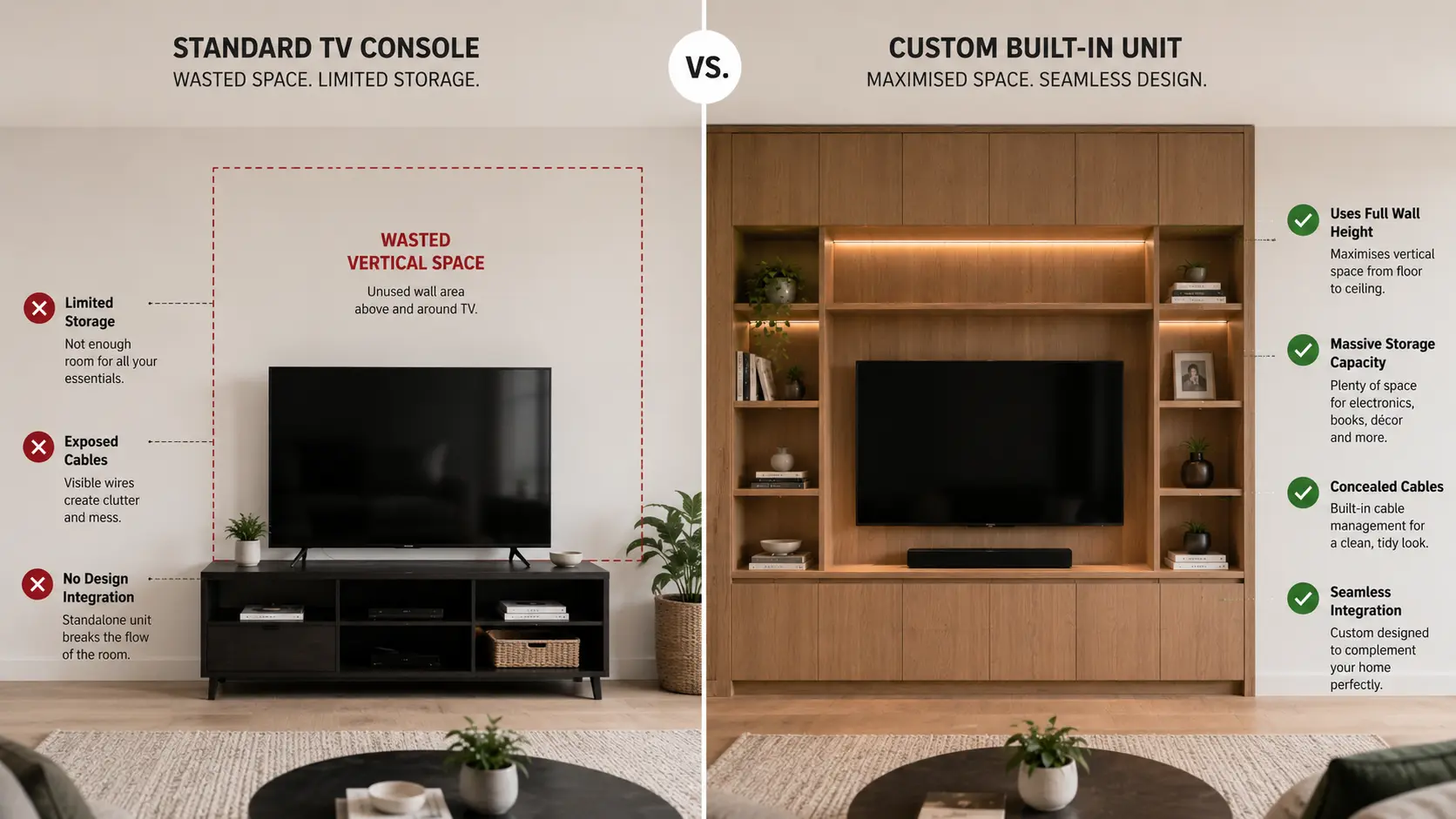 Custom modern built-in TV units featuring floor-to-ceiling wooden joinery, seamless handleless cabinets, and an integrated smart television.