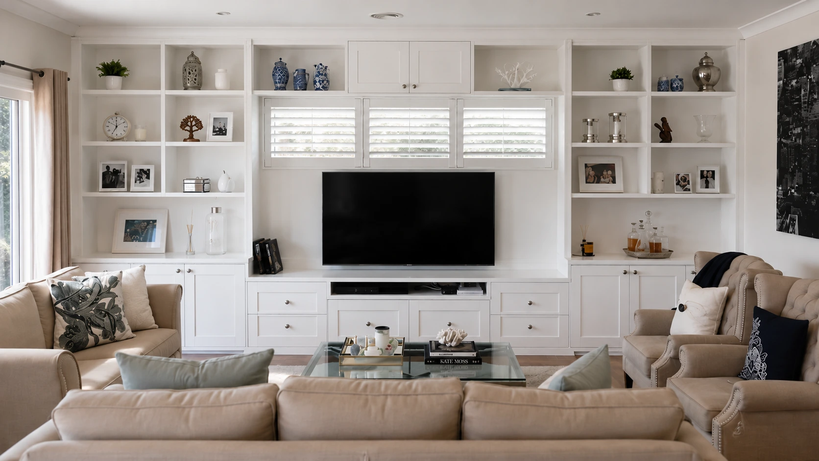 Sleek floating wall mounted tv unit in a minimalist living room featuring hidden cable management and under-cabinet ambient lighting.