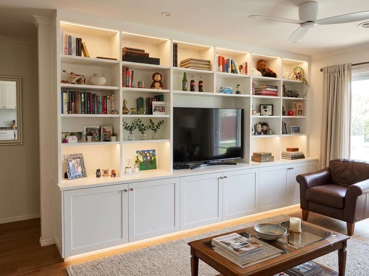 Custom bookshelves in a white finish integrated into a bright Australian home living room.