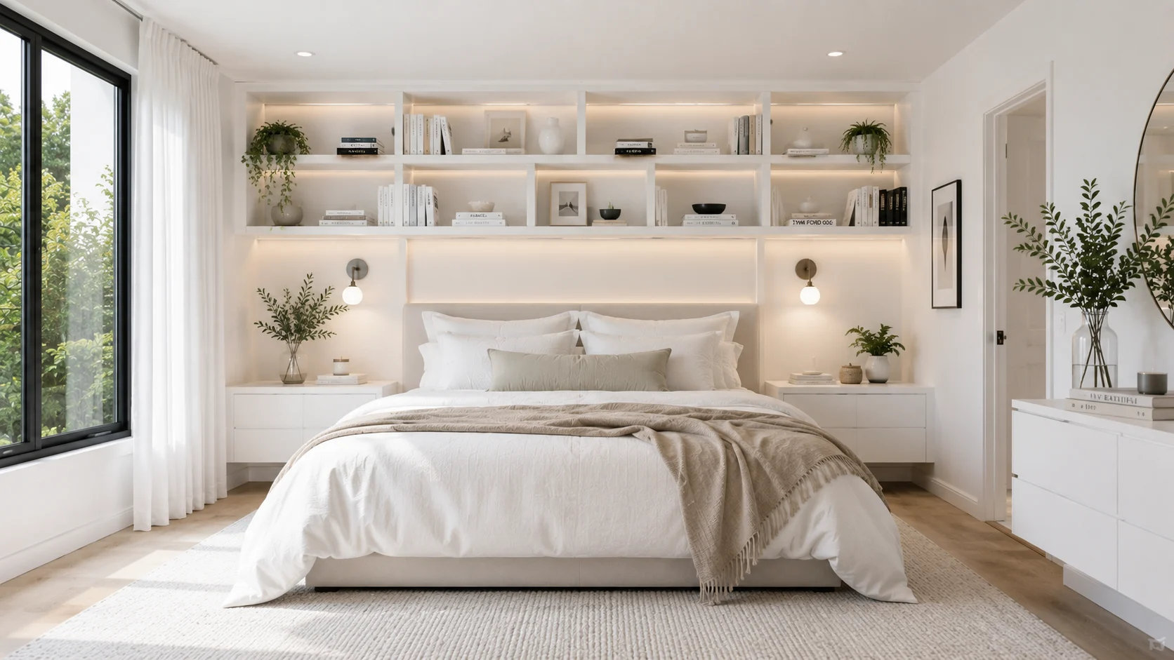 bedroom-bookshelves-headboard-ideas A cozy modern bedroom featuring white bedroom bookshelves integrated above the headboard with neatly stacked books.