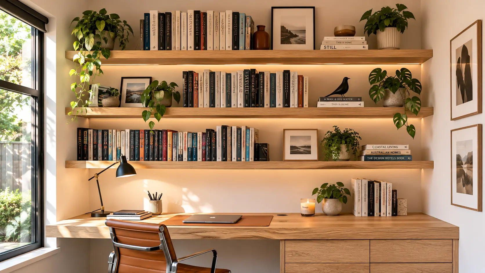 Modern living room wall featuring minimalist floating bookshelves holding books and small houseplants.