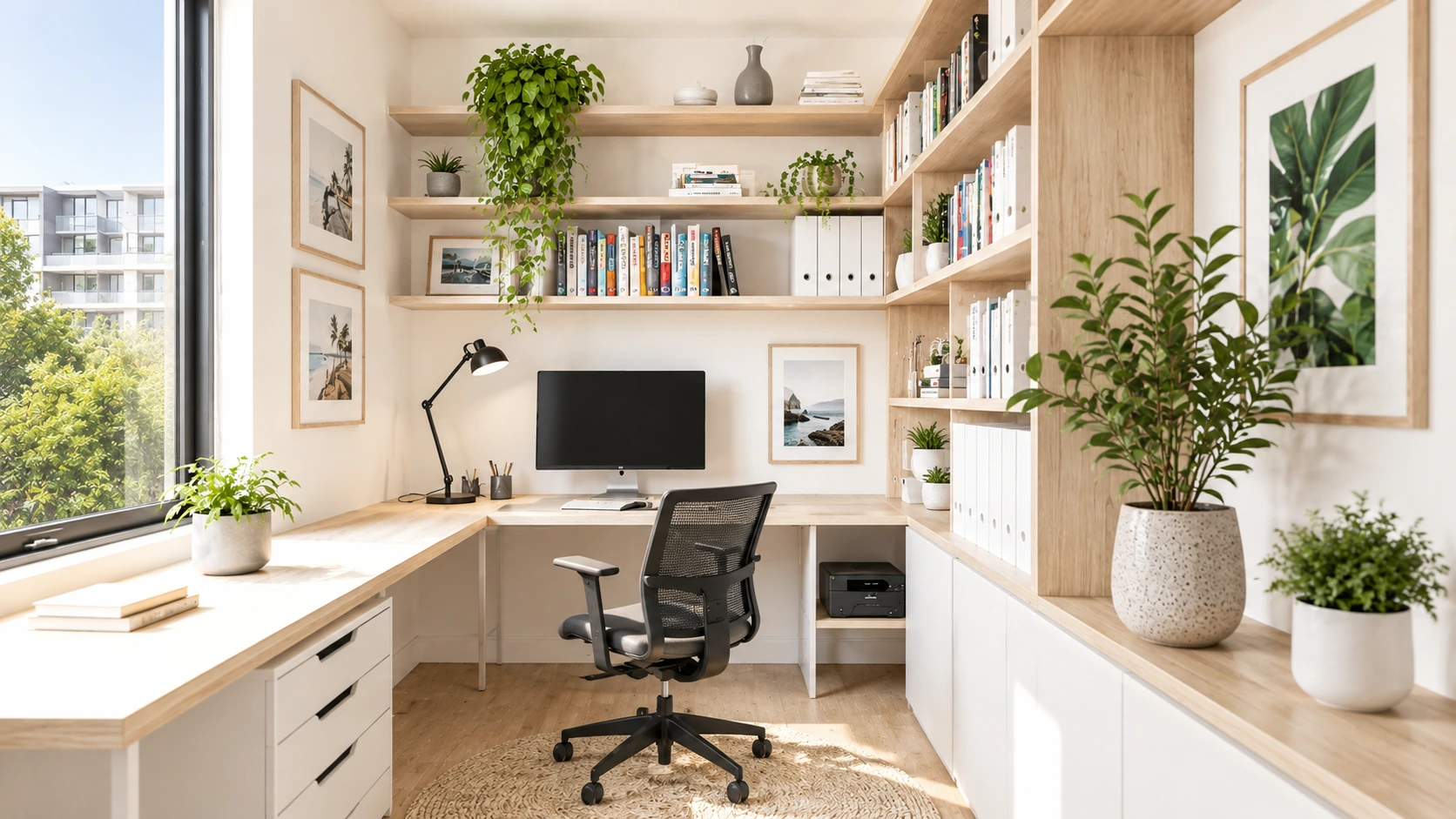 A modern desk with bookshelves attached, holding organized books and home office decor.