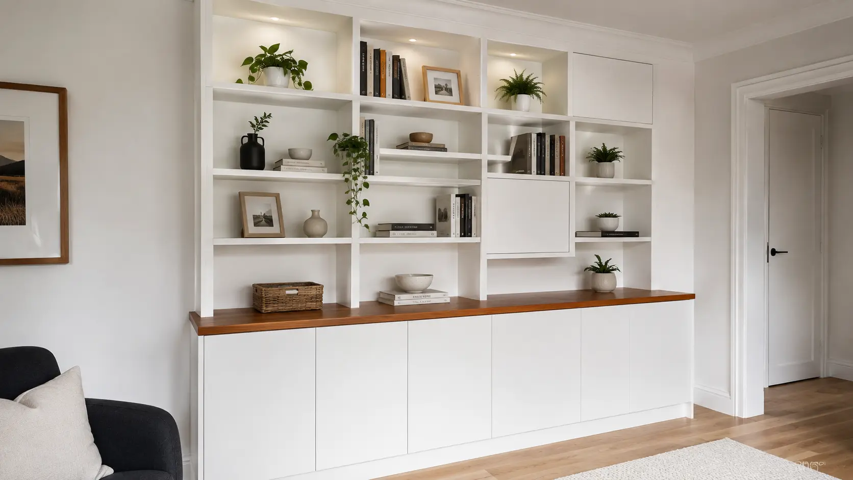 A cozy display shelve featuring white small bookshelves filled with books and decorative items.