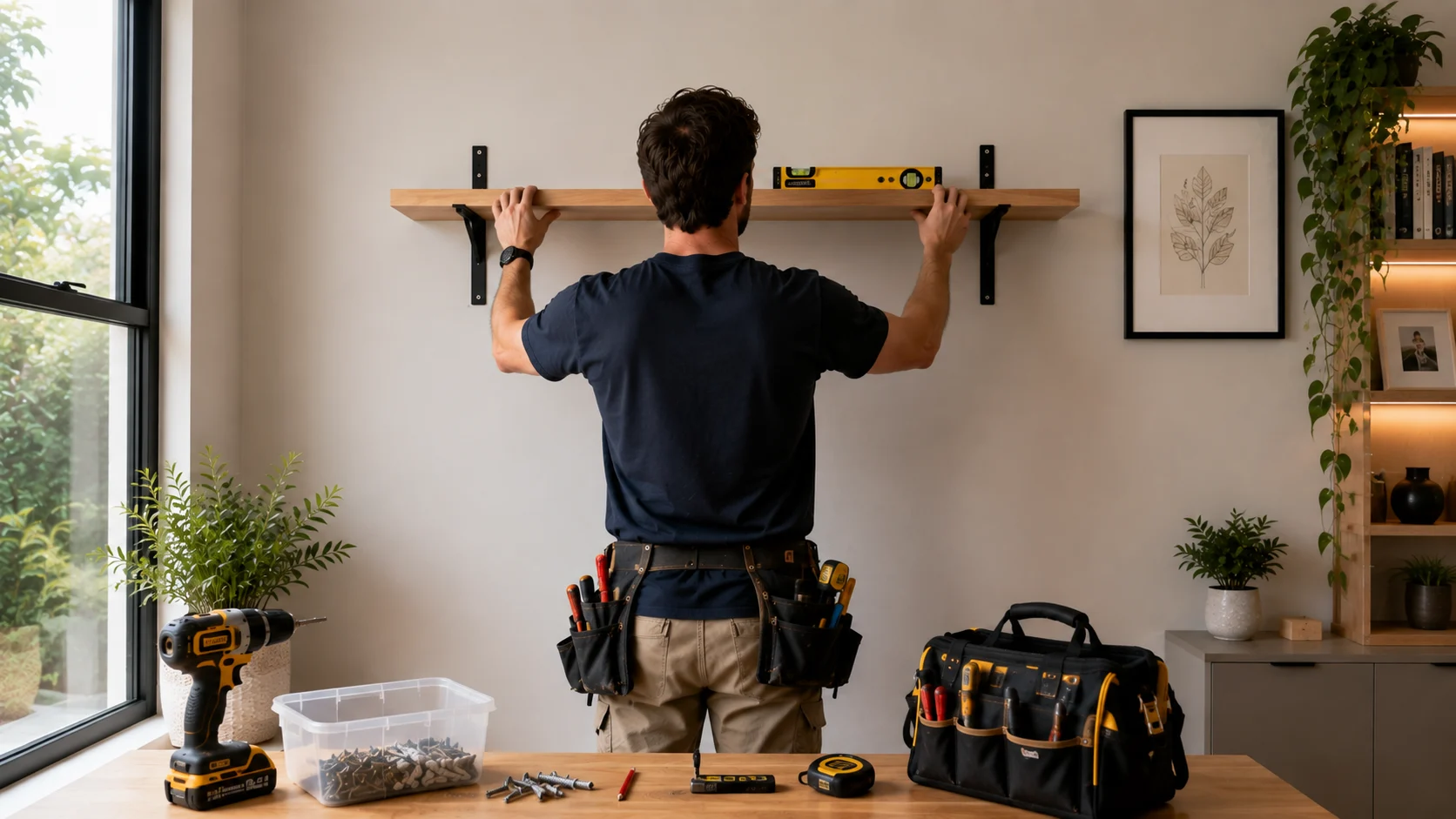 how-to-make-floating-bookshelves-diy-guide A step-by-step DIY project showing a person securing wooden boards to wall studs to learn how to make floating bookshelves.
